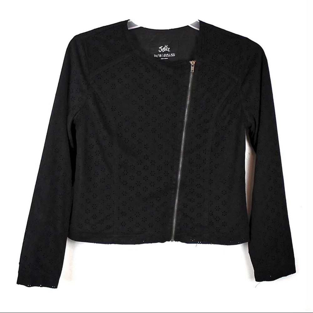 Girls JUSTICE Eyelet Microfiber Long Sleeve Zip Motto Jacket,Black,Size 16/18/XL